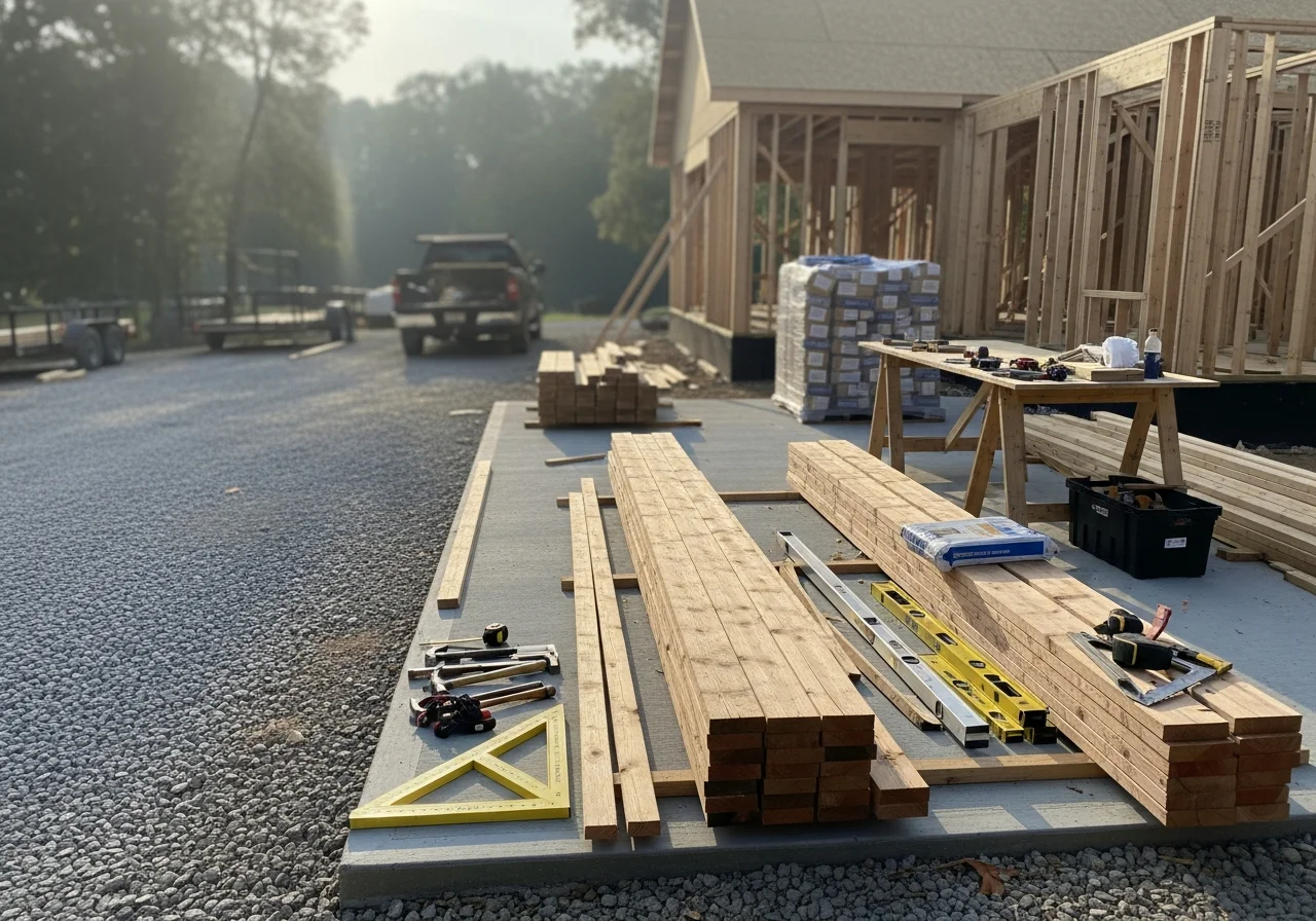 Construction crew and tools on a residential job site, showcasing carpentry and remodeling work in progress.