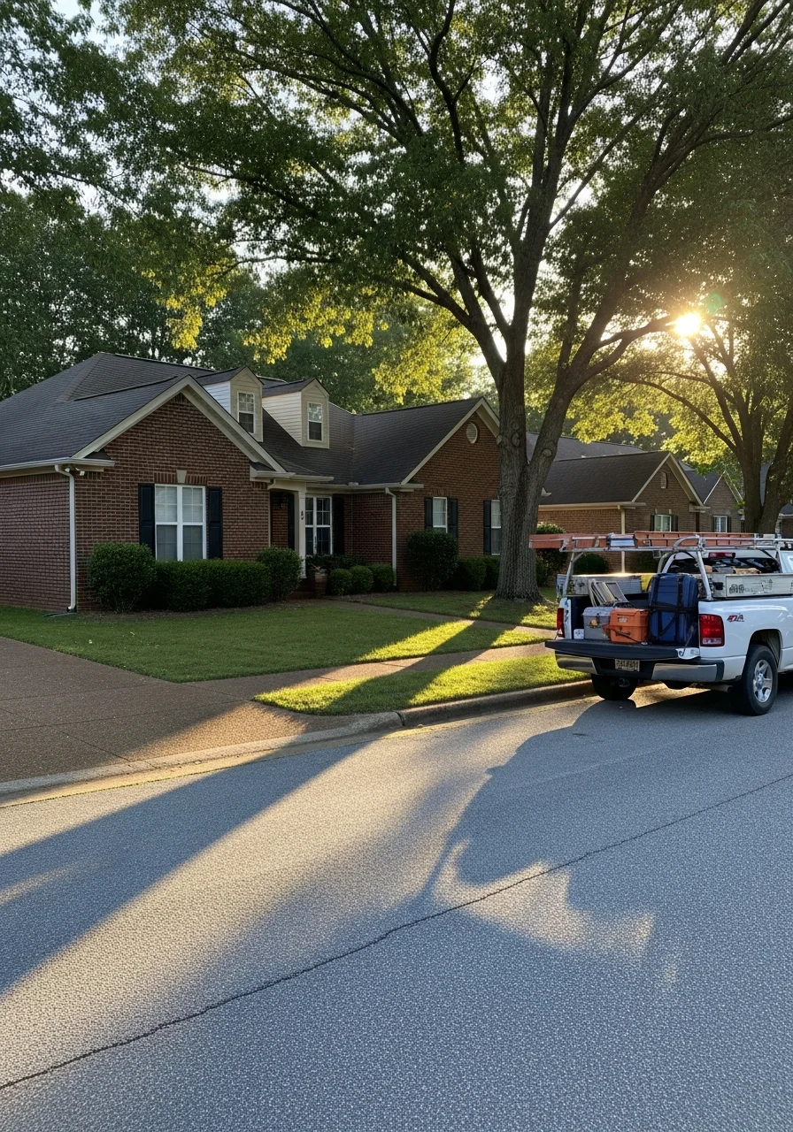 Service professional consulting with Lebanon homeowner at property entrance.