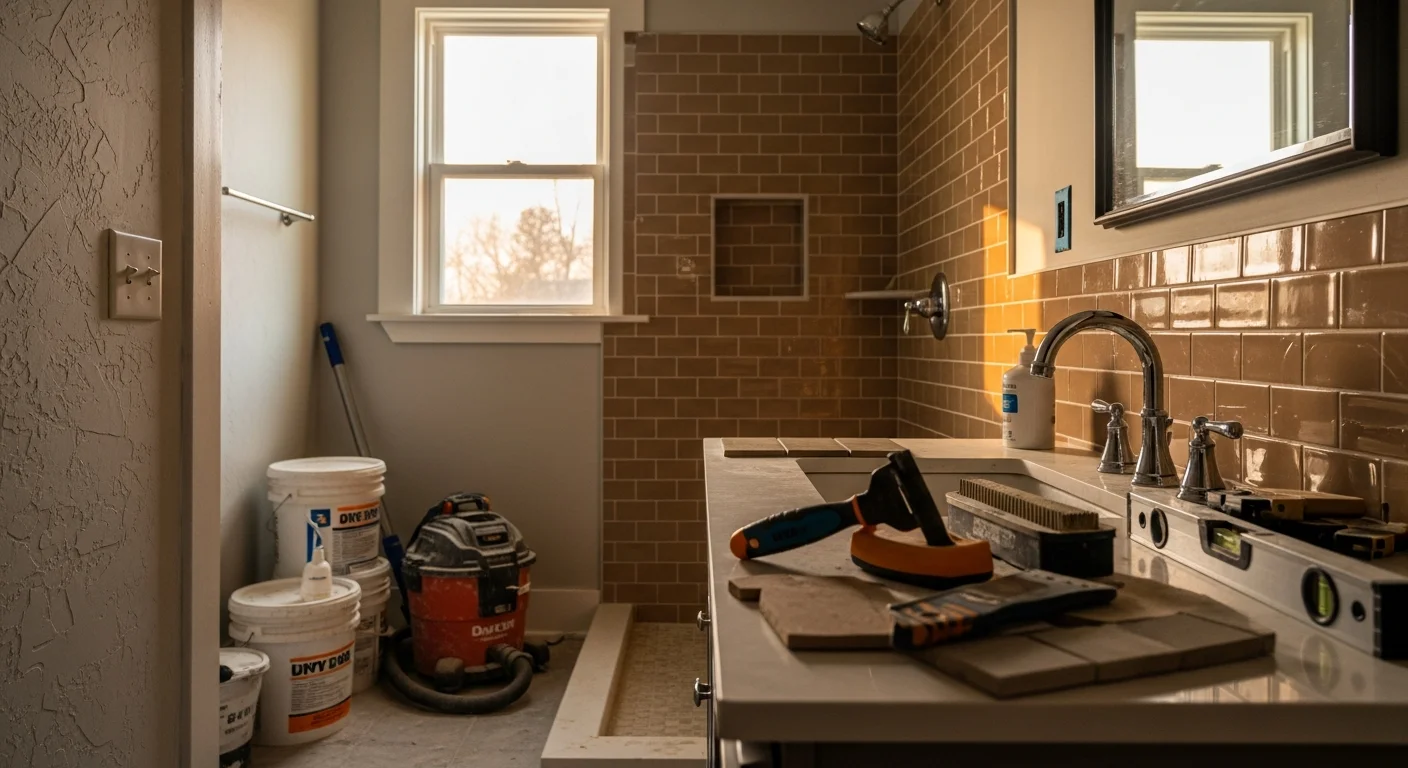 A fully remodeled bathroom in a Westmoreland, Tennessee single-family home, showing a walk-in tile shower, updated vanity, and new flooring. Work completed by Presley Enterprise LLC, a licensed general contractor serving Sumner County.