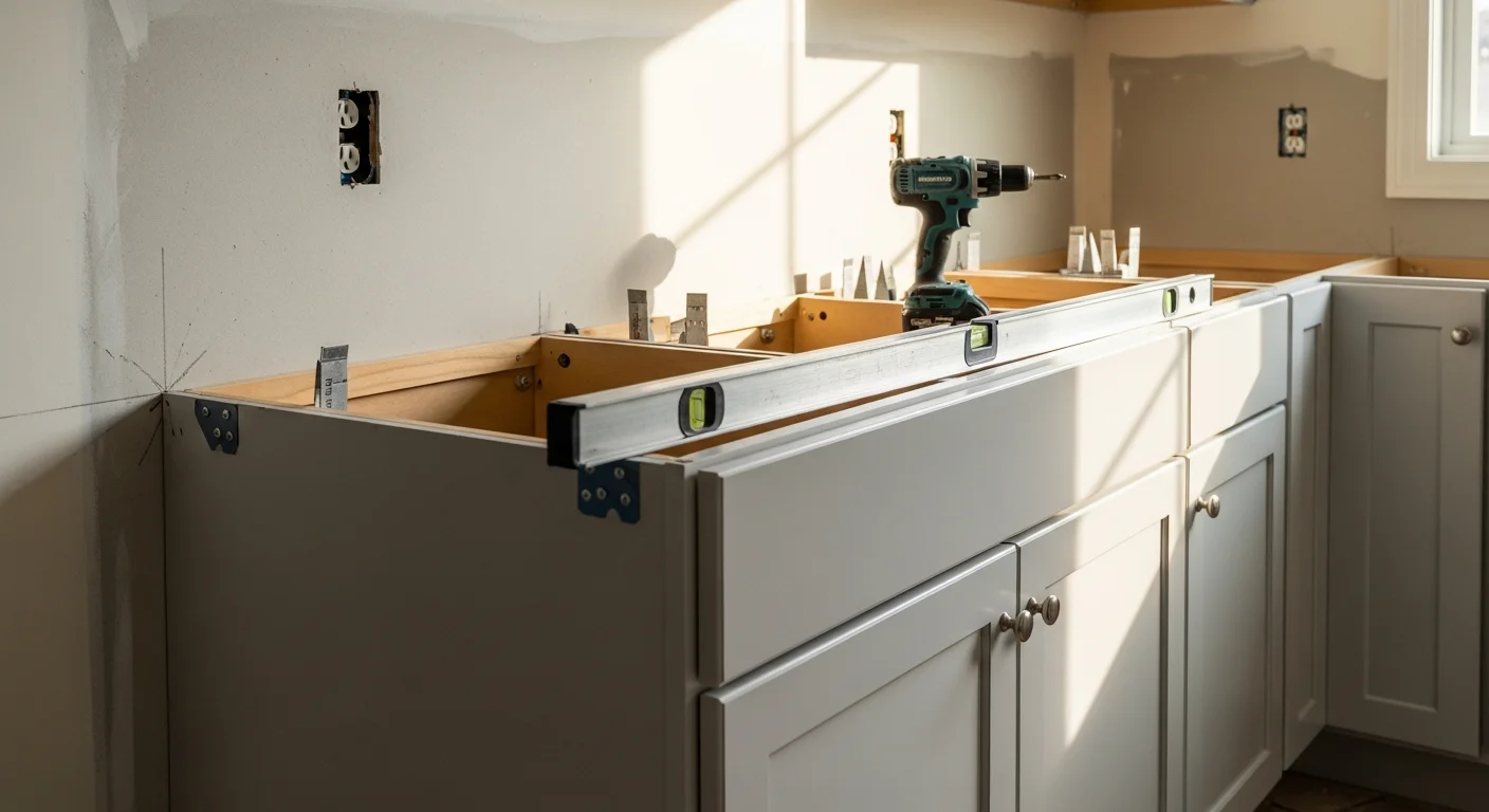 Newly installed wood kitchen cabinets with aligned doors and hardware in a single-family home in Westmoreland, Tennessee. Base and wall cabinet runs are level and flush against painted drywall in a remodeled kitchen.