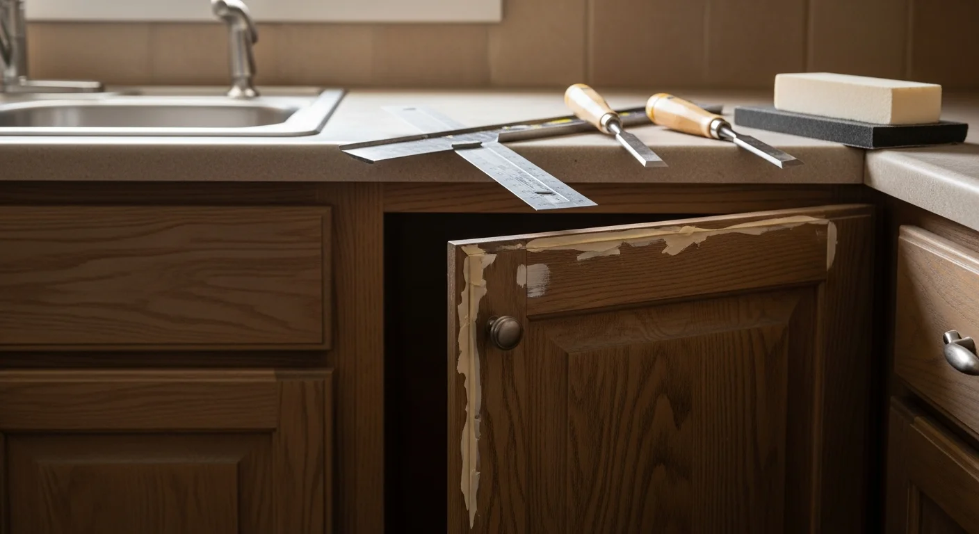A carpenter repairing a misaligned kitchen cabinet door inside a Westmoreland, Tennessee home. The cabinet frame and wood joinery are visible with tools on the countertop nearby.