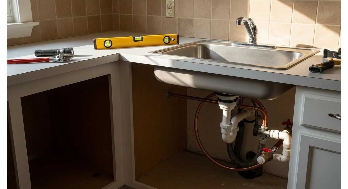 A newly installed kitchen countertop with a seated undermount sink and reconnected faucet in a single-family home in Westmoreland, Tennessee. The area beneath the sink shows clean supply line and drain connections with no visible gaps or corrosion.