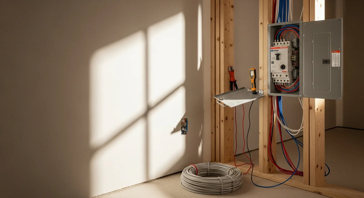 A licensed electrician installing branch circuit wiring inside the wall of a single-family home in Westmoreland, Tennessee. The panel box and new outlet rough-in are visible in the background.