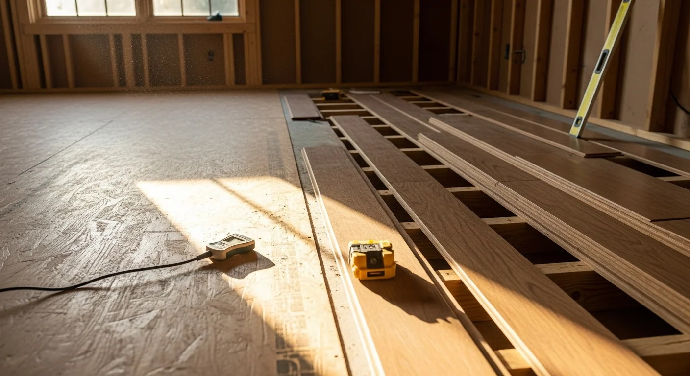 Freshly installed luxury vinyl plank flooring in a single-family home in Westmoreland, Tennessee, with clean seams and a smooth finish visible across an open living area. The room reflects the style of a mid-size Sumner County home with natural light coming through a front-facing window.