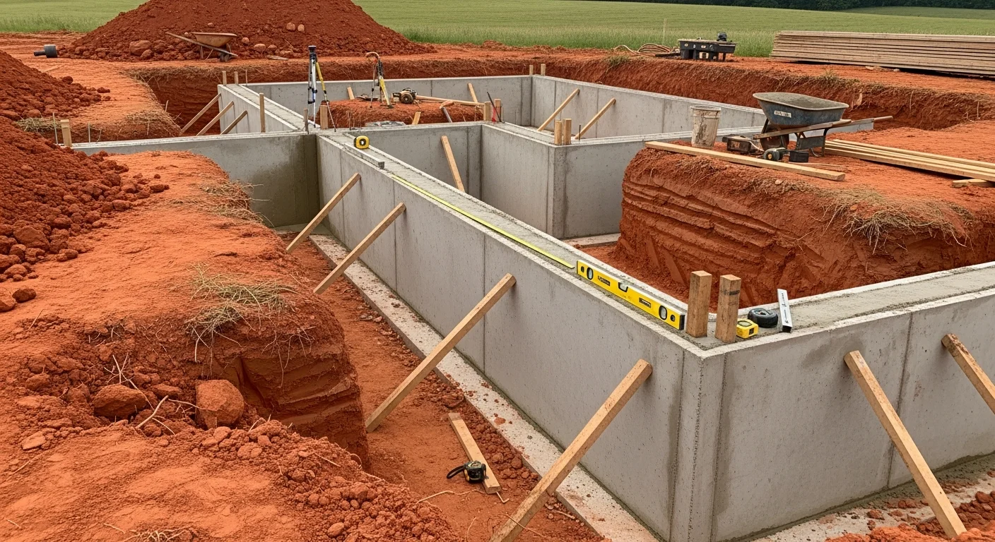 A freshly poured concrete foundation on a residential lot in Westmoreland, Tennessee, with visible form work and compacted soil base. The surrounding lot shows rural acreage typical of Sumner County new construction sites.