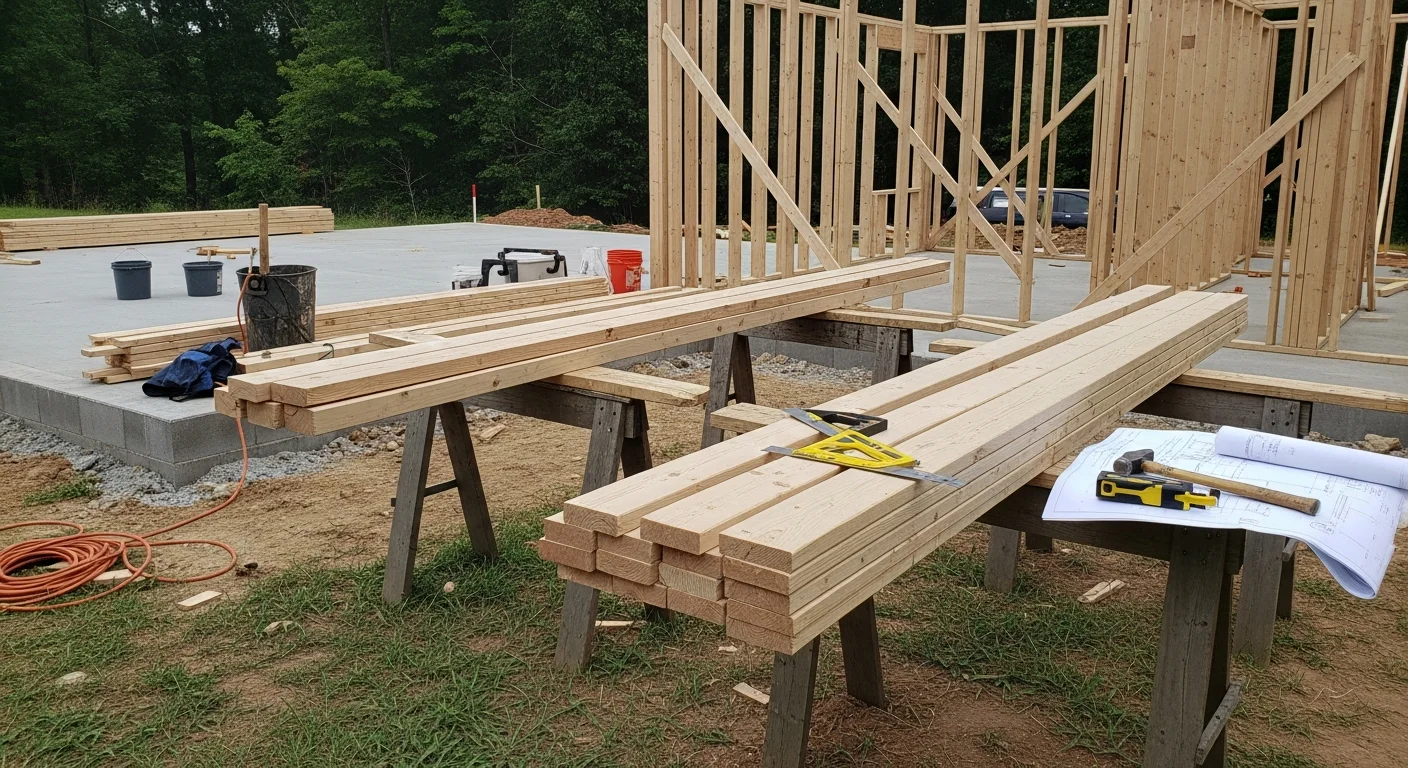 A wood-framed residential structure under construction in Westmoreland, Tennessee, showing wall studs, floor joists, and roof framing on a rural lot. A carpenter from Presley Enterprise LLC checks framing alignment on a new home build in Sumner County.