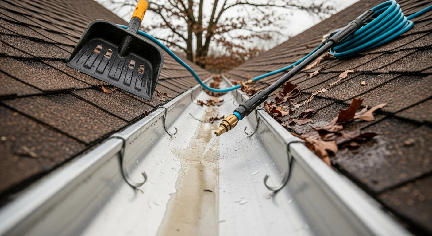 A Presley Enterprise LLC crew member removing leaf and storm debris from a residential gutter on a single-family home in Westmoreland, Tennessee. The downspout runs clear after flushing, with mature trees visible in the background.