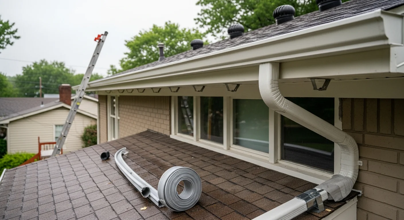 Newly installed gutters running along the roofline of a single-family home in Westmoreland, Tennessee, with a downspout directing water away from the foundation. A Presley Enterprise LLC crew member secures a gutter section to the fascia board on a residential property in Sumner County.