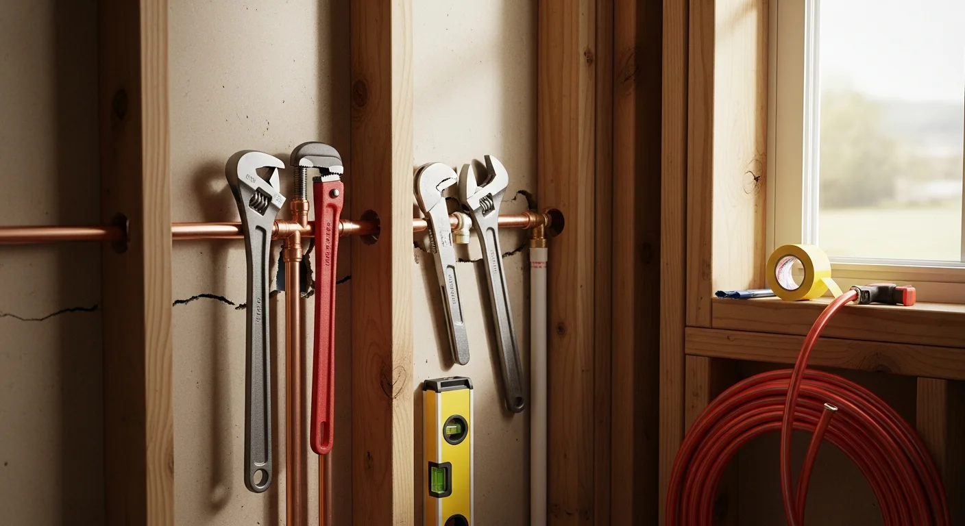 A licensed plumber from Presley Enterprise LLC installing copper supply lines inside the wall cavity of a home under renovation in Westmoreland, Tennessee. New pipe runs and shutoff valves are visible before drywall installation.