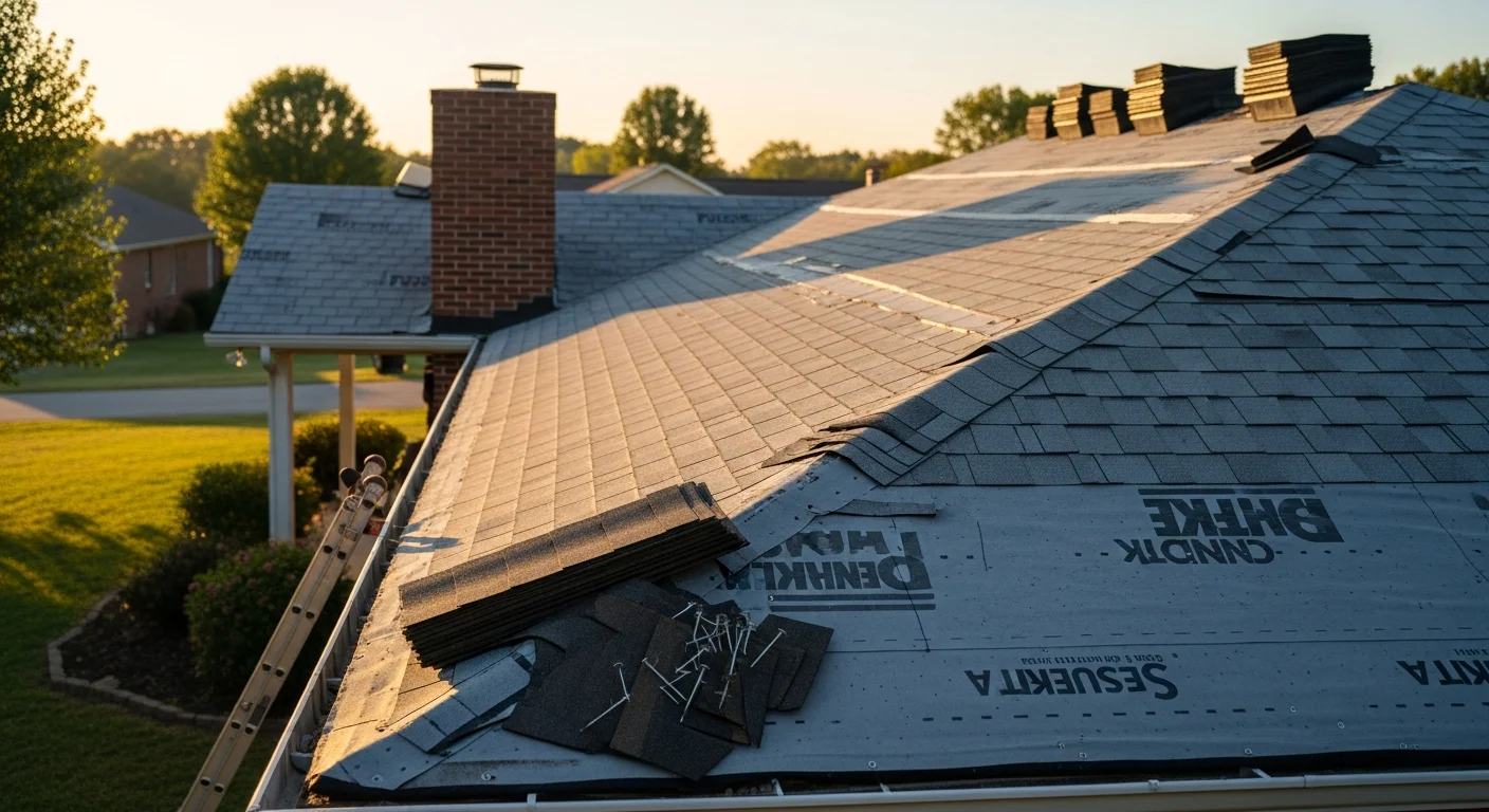 A completed residential roof installation on a single-family home in Westmoreland, Tennessee, showing clean shingle lines, finished ridge cap, and proper eave overhang. The home sits on a spacious lot typical of Sumner County properties.