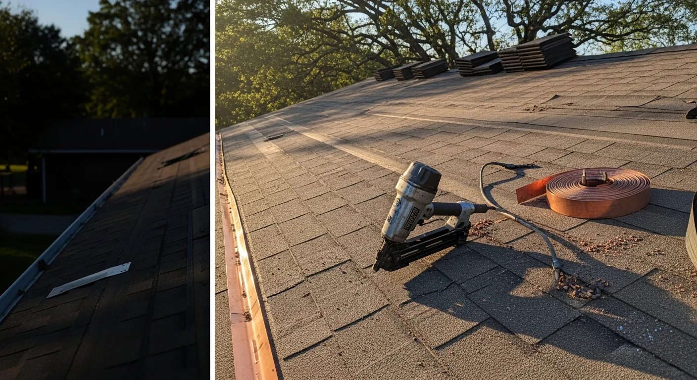 A Presley Enterprise LLC roofing crew repairing storm-damaged shingles on a single-family home in Westmoreland, Tennessee. Close-up view shows replaced flashing and restored shingle rows on a residential roof pitch.