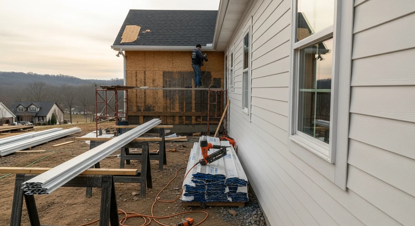 Freshly installed siding panels covering the exterior of a single-family home in Westmoreland, Tennessee. The completed installation shows clean, uniform panel lines on a rural residential property in Sumner County.