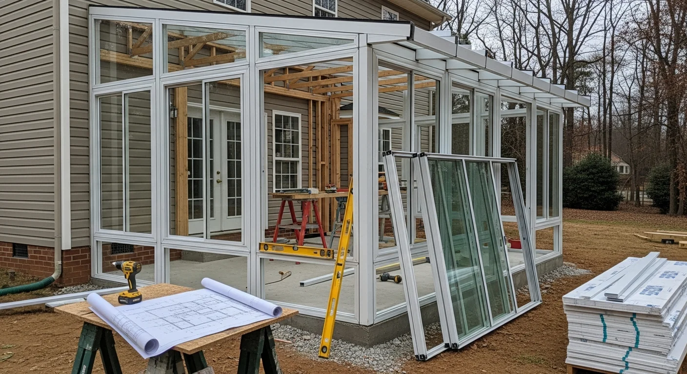 A newly installed sunroom addition on a single-story residential home in Westmoreland, Tennessee, featuring large glass panels and a gabled roof connected to the main structure. The interior shows an open, light-filled space overlooking a backyard typical of a Sumner County property.