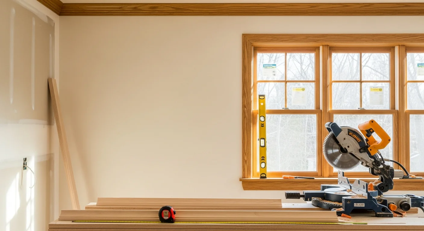 Freshly installed crown molding and baseboards in a Westmoreland, Tennessee home with traditional Southern interior styling. Close-up view shows tight miter joints at a room corner with painted trim against neutral walls.